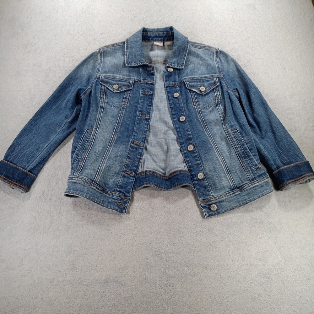 Chico's Women Denim Jacket Medium Wash Size 1 Classic Button Front Trucker